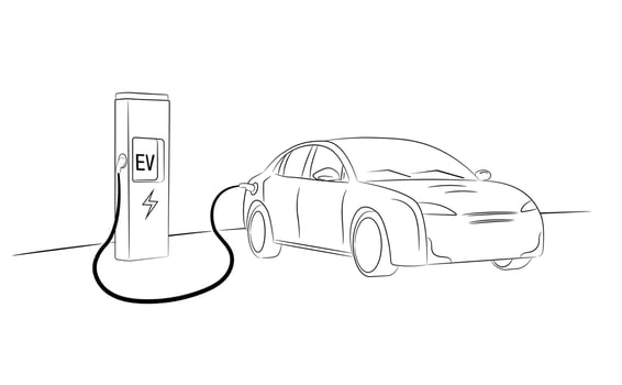 Electric car charging at an EV charging station. Black and white line drawing. Eco friendly transportation, auto industry, future technology vector