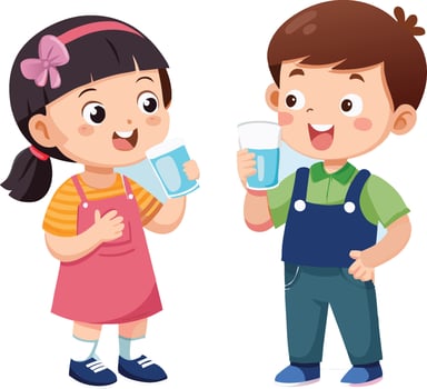 Happy children smiling and drinking water from glasses vector