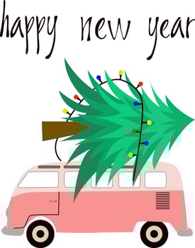 Bus with a Christmas tree with garland on the roof. Perfect for holiday greeting cards, party decorations, gift tags and seasonal crafts. Christmas Cheer celebration invitation design template. vector