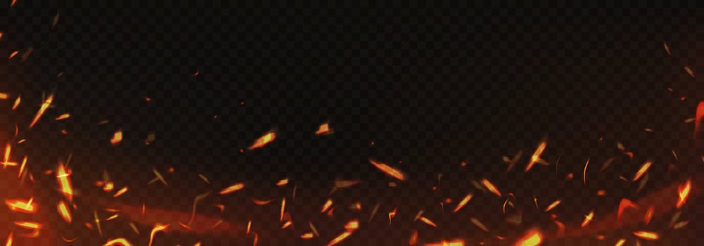 Fire sparks background. Burning glowing particles frame, embers burning cinder. Flame of fire with sparks. texture vector