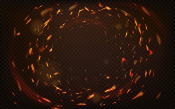Fire sparks. Abstract fire circle light effect with sparks on black background, burning ring swirl motion frame, hole of inferno illustration vector