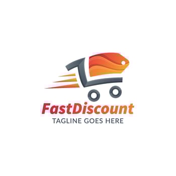 Price tag logo design with trolley icon , fast shopping illustration for online shop transaction. gradient colors red, orange and gray vector