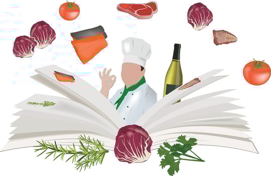 Chef gesturing ok sign with cookbook ingredients flying out vector