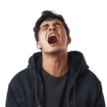 Young man showing strong emotion in light transparent png