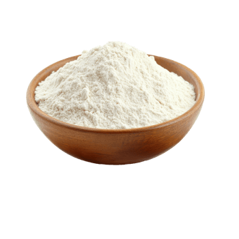 White flour in a brown wooden bowl on a table transparent png