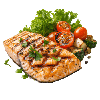 Grilled salmon with veggies on a plate transparent png
