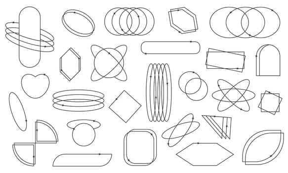 Set of Retro Geometric Shapes in Black 90s Style. Y2K Aesthetic Elements with Stars, Hearts, and Frames for Banners, Posters, and Stickers. illustration. vector