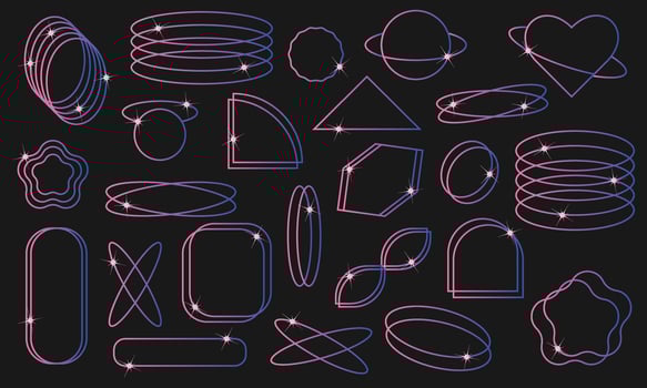 Collection of 90s geometric shapes - retro Y2K design with bright frames, sequins and iconic symbols. illustration. vector
