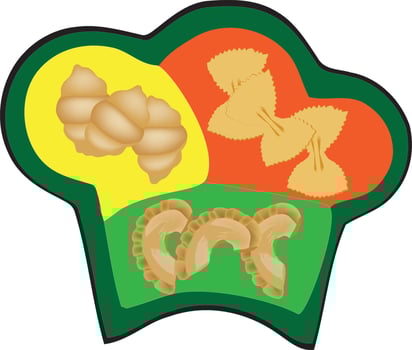 Chef hat presenting different types of italian pasta shapes vector