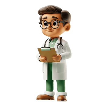 3D character icon of a full-body doctor, wearing a white coat, stethoscope, and holding a clipboard, png