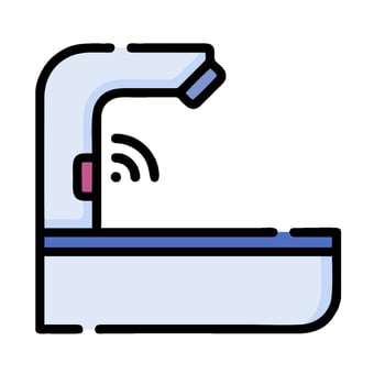 A bathroom sink with a water faucet and a remote control vector
