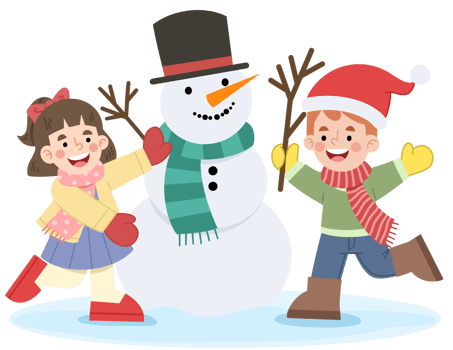 Illustration of a boy and girl making a snowman png