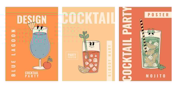 Groovy character bloody mary, mojito, blue lagoon. Retro summer party posters set with popular alcoholic beverage. Vintage illustration 70s, 80s style vector