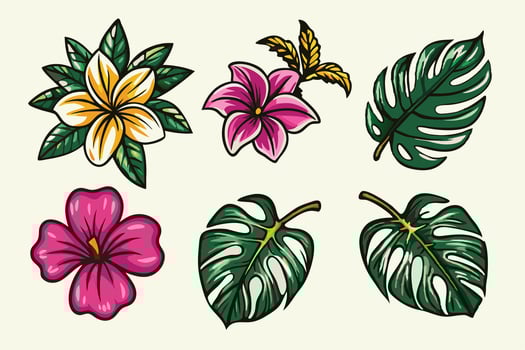 Tropical flowers and leaves set of illustration vector