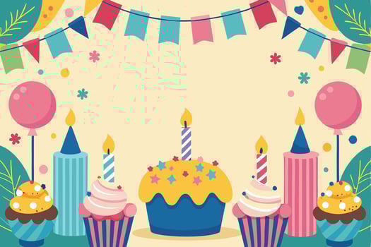 Birthday party background with cupcakes and candles vector