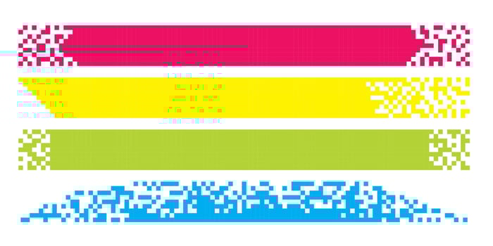 Pixel banner. Header, footer color layout with mosaic edges. Horizontal title tags with pixels. Labels pixelated decoration advertising elements. Rectangular dotted shapes isolated set vector