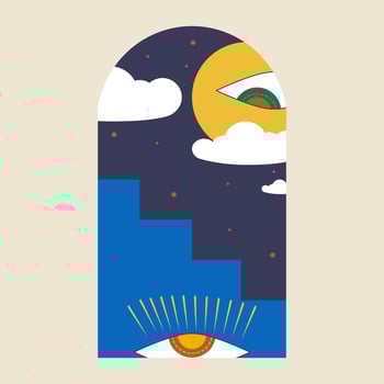 Illustration of a blue sky with a yellow eye and clouds vector