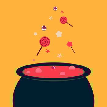 A cauldron with candy and lollipops flying out of it vector