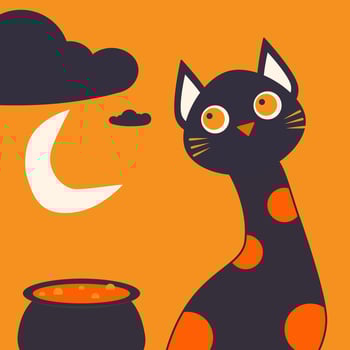 A black cat with orange spots and a cauldron vector