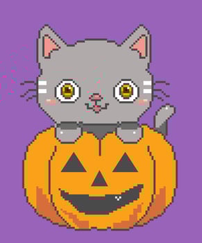 Pixel cat on halloween pumpkin vector