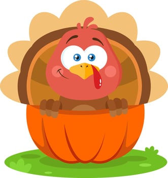 Cute Baby Turkey Bird Cartoon Character In Pumpkin vector