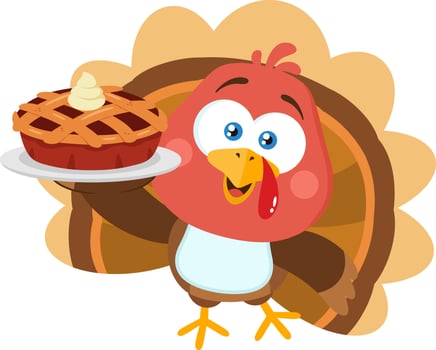 Cute Baby Turkey Bird Cartoon Character Holding Perfect Pie vector