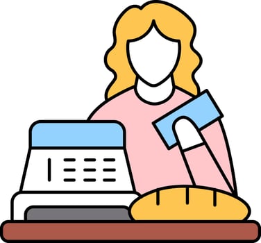 A woman is holding a checkbook and a loaf of bread vector