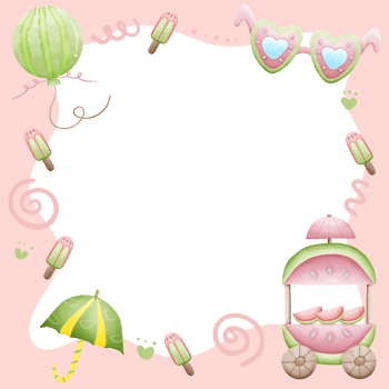 a pink frame with a watermelon, umbrella and balloons png