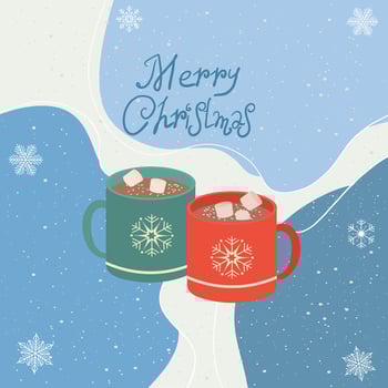 Christmas mugs with hot cocoa or coffee, cream on a blue background. Can be used for greeting cards, party invitations, posters or stickers. . vector
