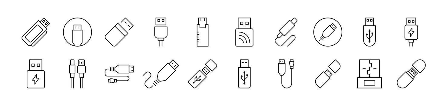 Pack of Line Icons of USB Cable. Editable Stroke. Minimalistic Linear Pictogram for Design of Cards, Apps, Banners, Posts vector