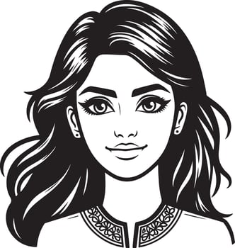 Stylized Black and White Portrait of Indian Woman, Minimalist Line Drawing in vector