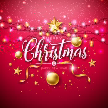 Merry Christmas and Happy New Year Illustration with Gold Glass Ball, Star, Light Garland and Typography Elements on Red Background. Holiday Season Design for Greeting Card or Party Invitation vector