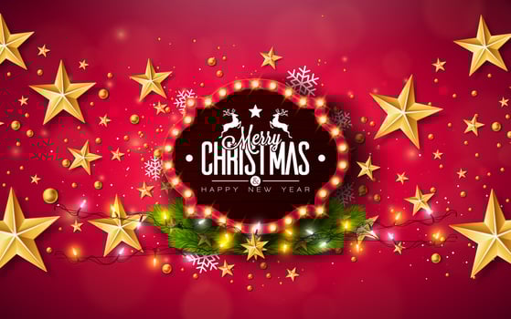 Merry Christmas and Happy New Year Illustration with Typography Letter on Light Sign Board and Golden Stars on Red Background. Holiday Design for Greeting Card, Party Invitation or Promo Banner vector