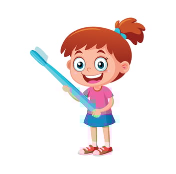 Happy girl holding a giant toothbrush promoting oral hygiene vector