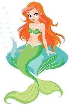 Beautiful smiling redhead mermaid with green tail sitting on rock vector