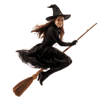 a woman in a black dress flying on a broom png