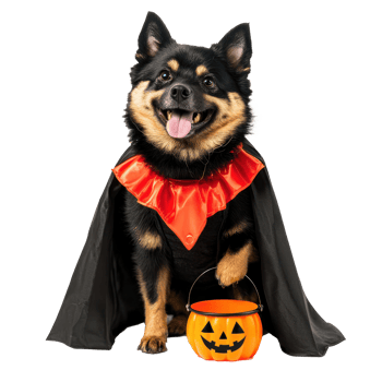 a dog dressed as a vampire holding a halloween pumpkin png