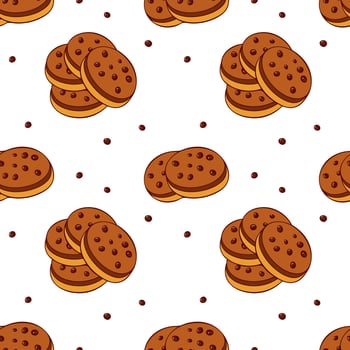 Pattern with cookies with chocolate chips and filling, on a white background. Hand drawn outline doodle drawing. vector