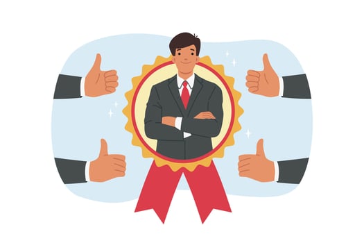 Man became best employee of month, looking out from medal located among fingers up vector