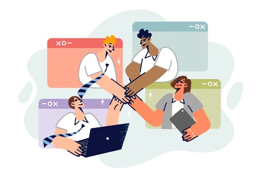 Online team of telecommuters holding hands, looking out of electronic windows and holding gadgets vector