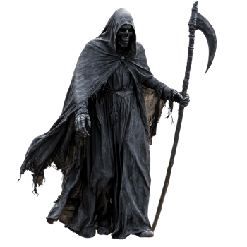 a grim reaper with a scythe on his back png