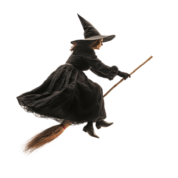 a woman in a black dress flying on a broom png