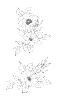 Ink Flower Drawing. Floral Line Art. Anemone Line Art Illustration. Line Art Flower Bouquet. Fine Line Anemone illustration. Hand Drawn flowers. Botanical Coloring. Wedding invitation flowers vector
