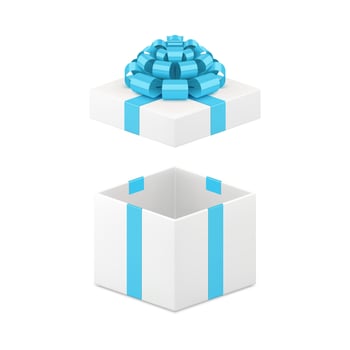 White elegant open squared gift box with blue bow 3d icon realistic illustration vector