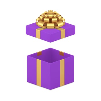 Purple squared gift box with open cap and golden bow ribbon 3d icon realistic illustration vector