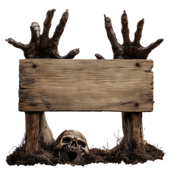 zombie hands holding a wooden sign with a skull on it png