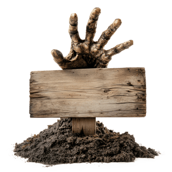 Zombie hand with wooden signboard isolate on transparency background png