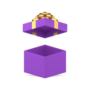 Purple squared empty gift box with open cap and golden bow ribbon 3d icon realistic vector