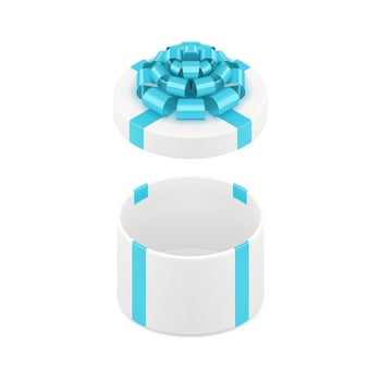Empty white circle gift box with open cap blue bow ribbon holiday present 3d icon realistic vector