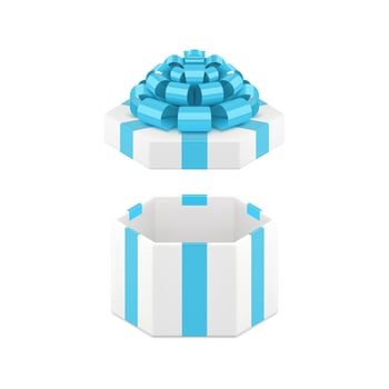 Elegant white hexagonal gift box with open cap and luxury blue bow ribbon 3d icon realistic vector